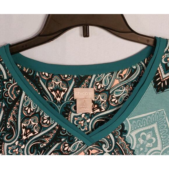 Chicos Tunic Size 3 (22/24) Green Paisley 3/4 Sleeve Baroque Asymmetric Hem EUC - Picture 3 of 10